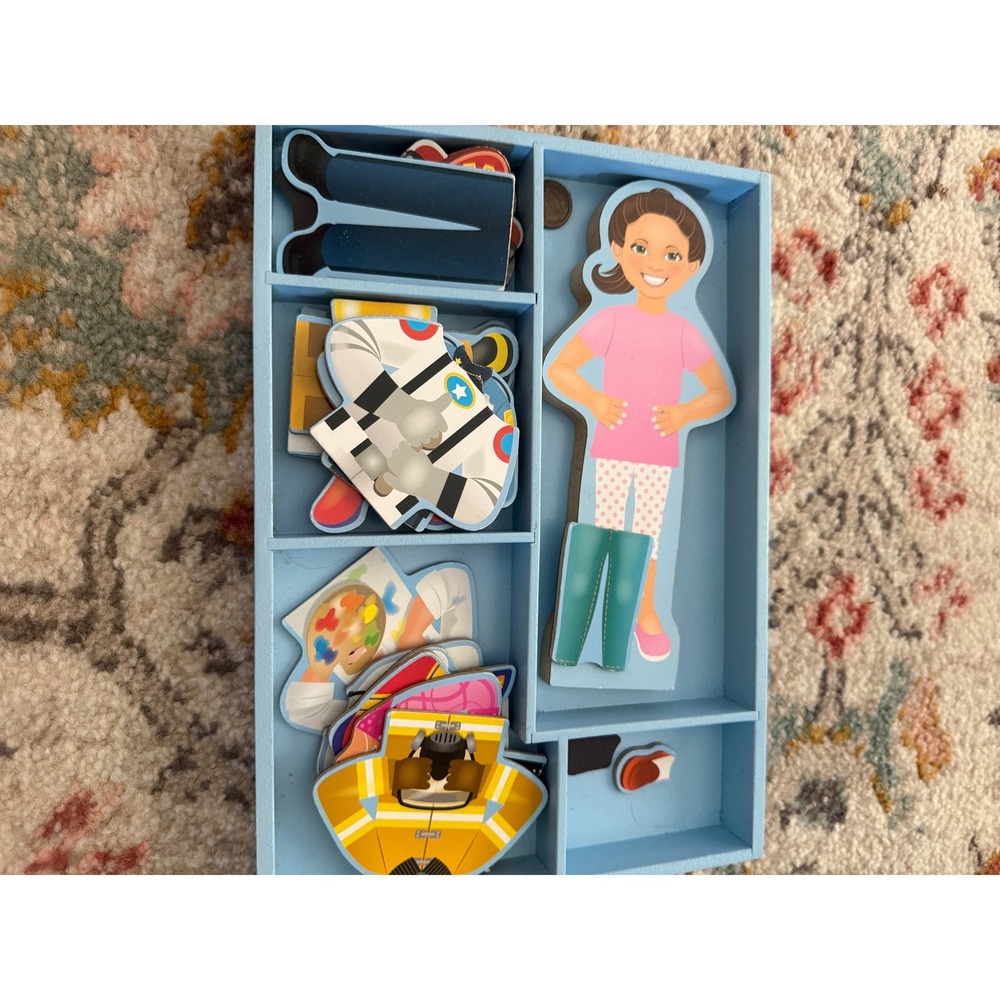 Melissa & Doug Julia Magnetic Dress-Up Wooden Figure Set 8 Outfits Blue Tray